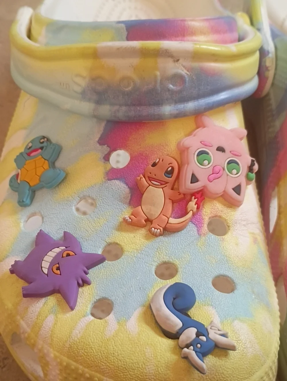 Adult Tie-Dye Croc-Style Slip-On Shoes with Pokémon Charms - Yellow/Pink/Blue